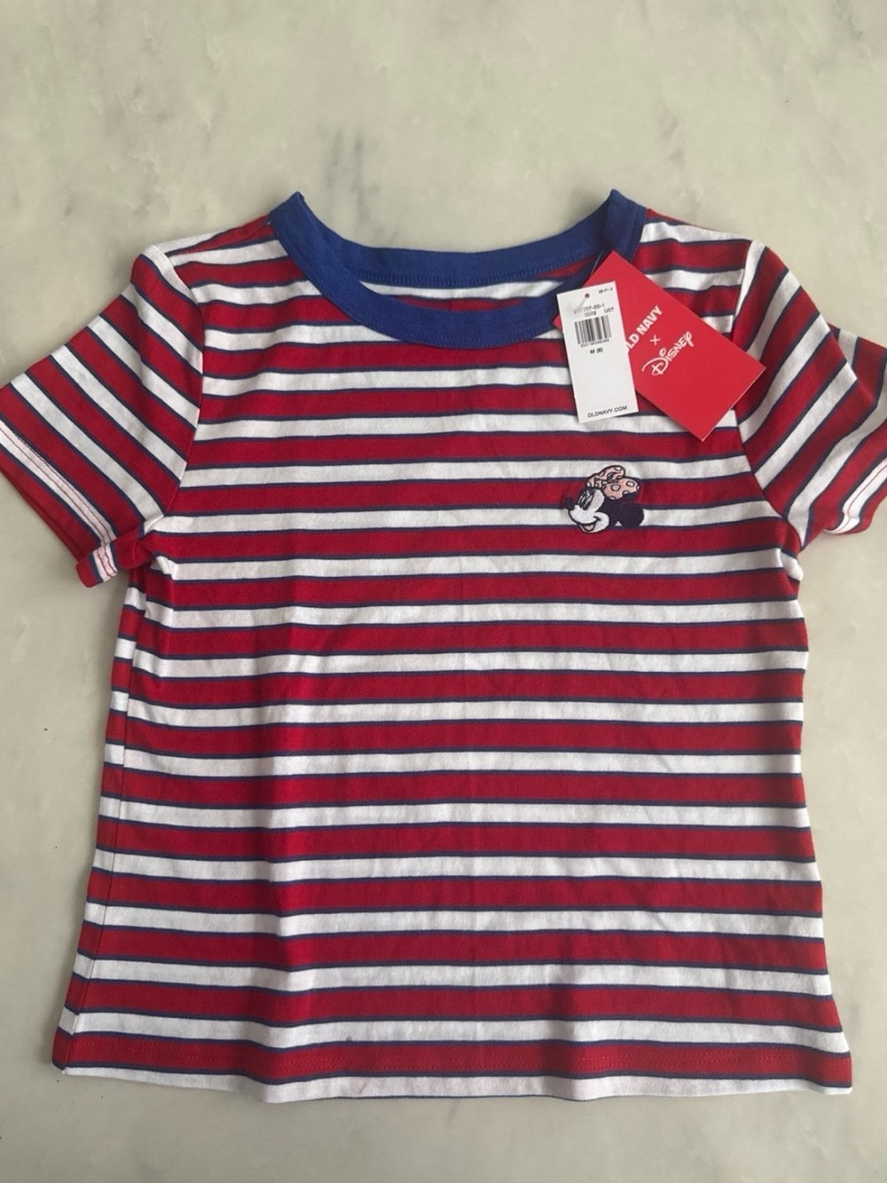 Girls med size 8 Disney Old Navy Red & White Striped Tee with Blue Neck Trim NWT